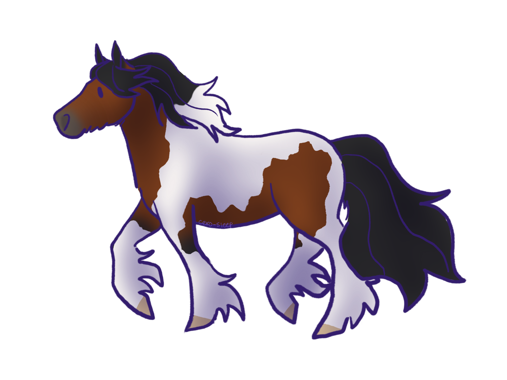 Drawing of a prancing bay tobiano horse.