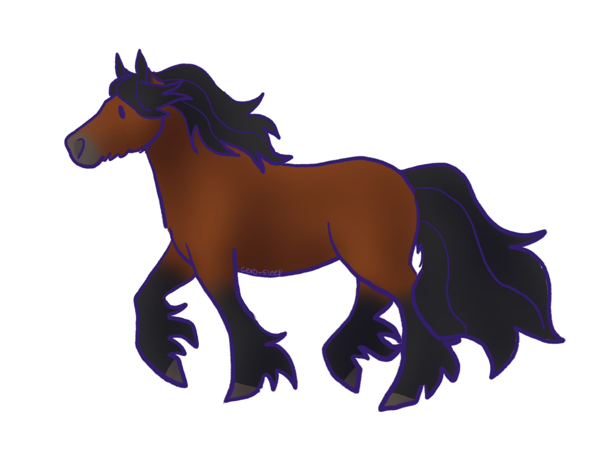 Drawing of a prancing bay horse.