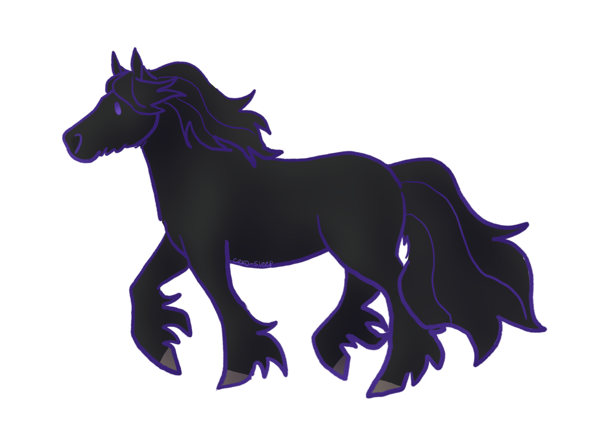 Drawing of a prancing smoky black horse.