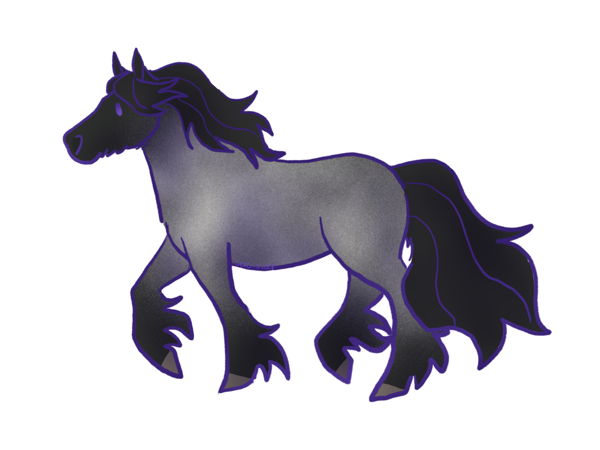 Dibujo de un caballo ruano negro trotando.