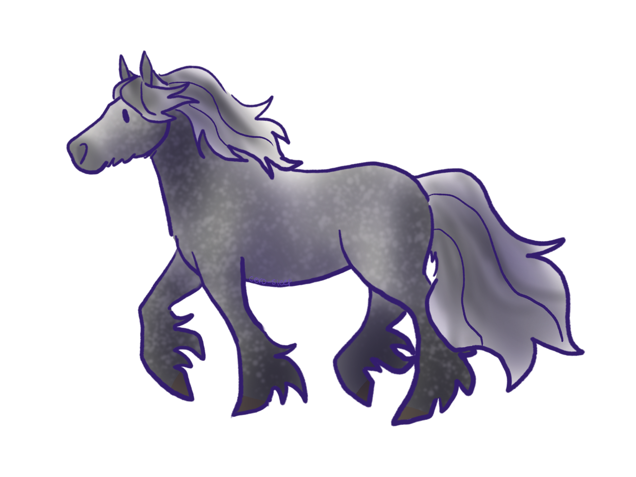 Drawing of a prancing gray horse.