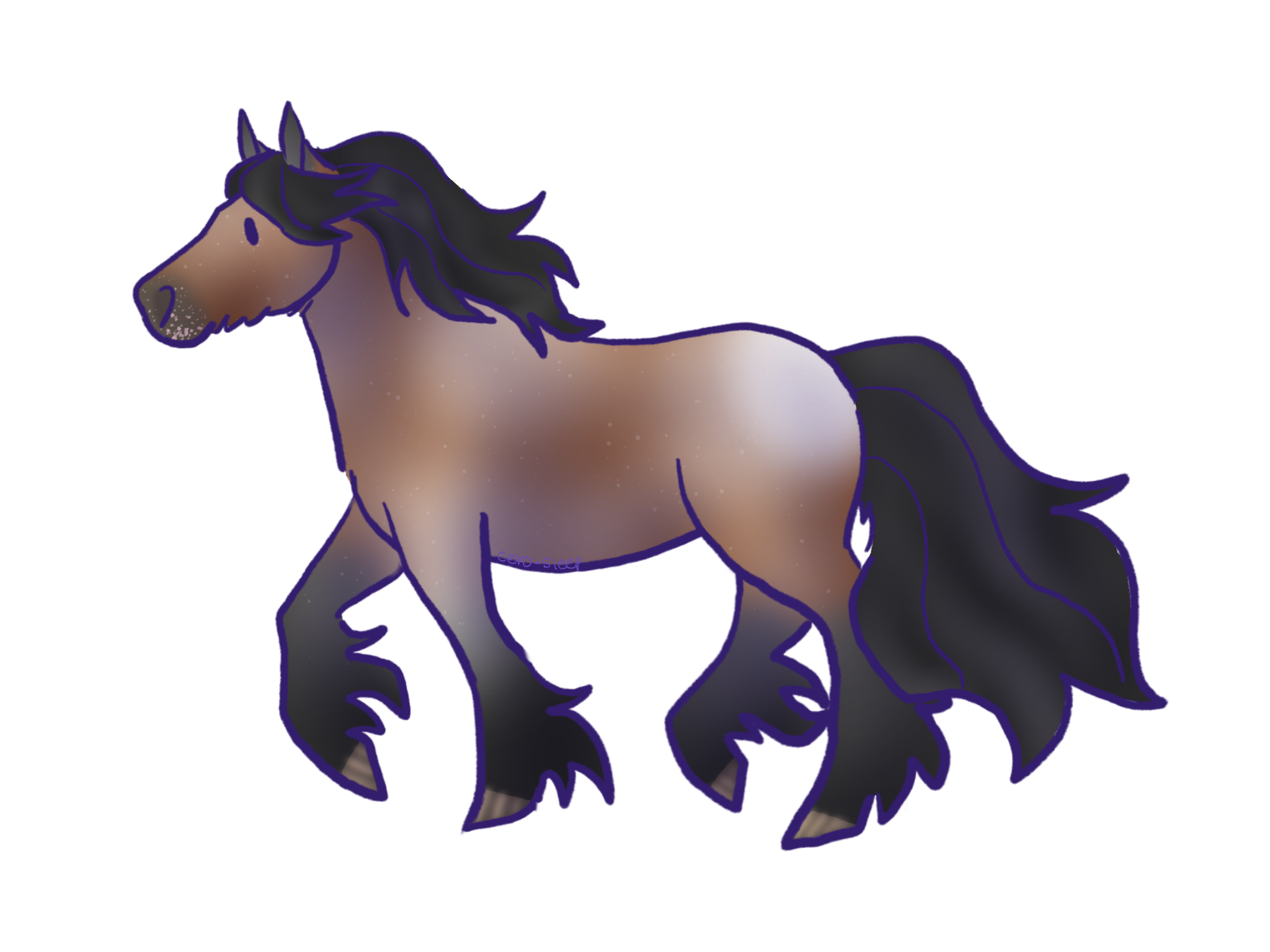 Drawing of a prancing varnish roan horse.